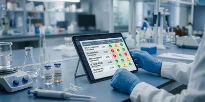 Scientist in nitrile gloves reviewing a multi-market ingredient compliance grid on a tablet at a laboratory bench, with pass, fail, and warning indicators visible by jurisdiction.