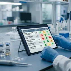 Scientist in nitrile gloves reviewing a multi-market ingredient compliance grid on a tablet at a laboratory bench, with pass, fail, and warning indicators visible by jurisdiction.