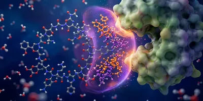 A high-fidelity molecular model rendering showing a localized purple and orange redox field protecting a complex peptide target from an aggressive enzyme, visualizing the mechanism of oral peptide delivery.