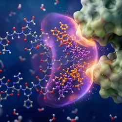 A high-fidelity molecular model rendering showing a localized purple and orange redox field protecting a complex peptide target from an aggressive enzyme, visualizing the mechanism of oral peptide delivery.