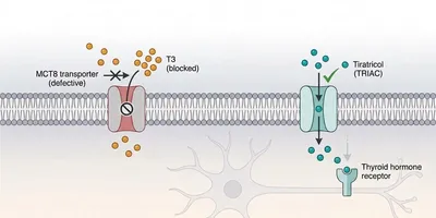 Illustration of tiratricol bypassing the defective MCT8 thyroid hormone transporter to normalize T3 levels and treat peripheral thyrotoxicosis in AHDS.