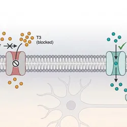 Illustration of tiratricol bypassing the defective MCT8 thyroid hormone transporter to normalize T3 levels and treat peripheral thyrotoxicosis in AHDS.