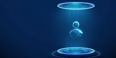 A person represented by a glowing wireframe stands between two futuristic holographic platforms, with a blue digital light beam connecting the upper and lower platforms against a dark blue background.