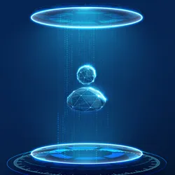 A person represented by a glowing wireframe stands between two futuristic holographic platforms, with a blue digital light beam connecting the upper and lower platforms against a dark blue background.