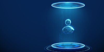 A person represented by a glowing wireframe stands between two futuristic holographic platforms, with a blue digital light beam connecting the upper and lower platforms against a dark blue background.