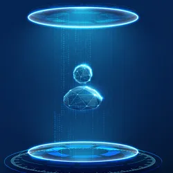 A person represented by a glowing wireframe stands between two futuristic holographic platforms, with a blue digital light beam connecting the upper and lower platforms against a dark blue background.