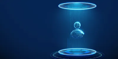 A person represented by a glowing wireframe stands between two futuristic holographic platforms, with a blue digital light beam connecting the upper and lower platforms against a dark blue background.
