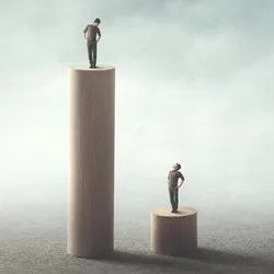 Two figures standing in different leveled platforms. 