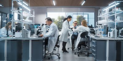 Scientists in a laboratory conducting pharmaceutical research using laboratory equipment and analytical instruments.