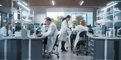 Scientists in a laboratory conducting pharmaceutical research using laboratory equipment and analytical instruments.