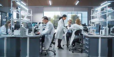 Scientists in a laboratory conducting pharmaceutical research using laboratory equipment and analytical instruments.