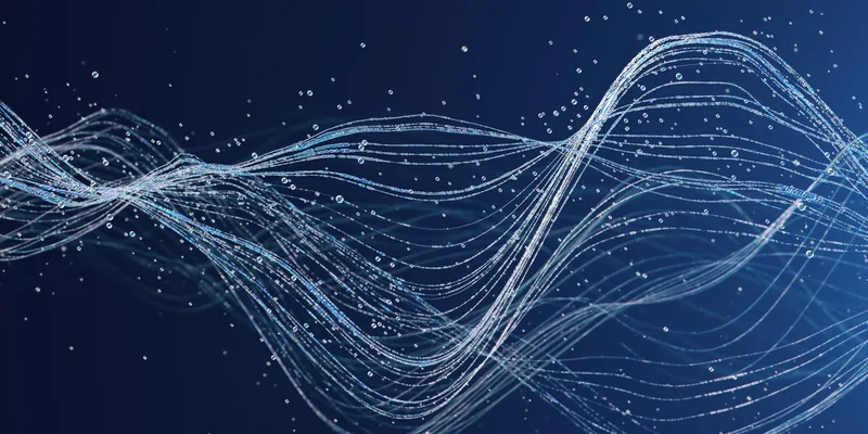 Luminous streams of interconnected data lines and water droplets flow across a deep blue background, illustrating the movement of digital information through a networked system.