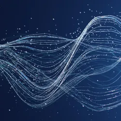 Luminous streams of interconnected data lines and water droplets flow across a deep blue background, illustrating the movement of digital information through a networked system.