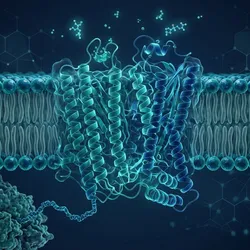Scientific illustration of co-translational membrane protein insertion into a lipid bilayer by a ribosome, with ligand binding sites and AI structural overlay representing native MS and structural biology drug discovery research.