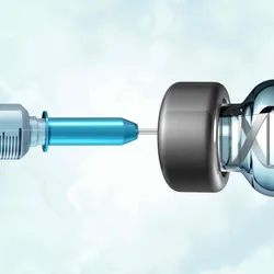 A needle inserted into a vaccine bottle with a DNA helix inside