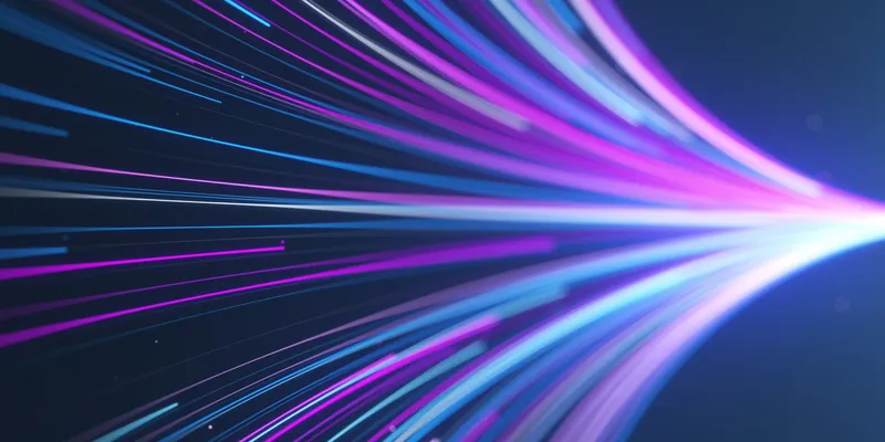 Abstract blue and purple fiber optic light trails converging to a single point, representing high-speed data transfer and system integration.