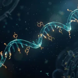 Glowing teal xRNA strand with amber chemical modification structures representing AI-engineered mRNA therapeutics designed for extended protein expression in chronic disease.