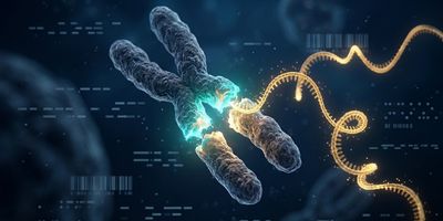 Scientific illustration of two chromosomes fusing at a teal-glowing breakpoint in a leukemia cell, with a gold RNA strand emerging from the junction against a dark navy sequencing data background.