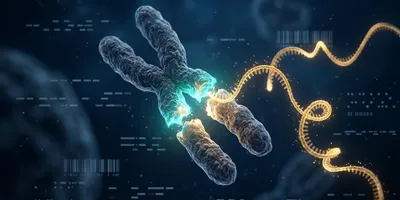 Scientific illustration of two chromosomes fusing at a teal-glowing breakpoint in a leukemia cell, with a gold RNA strand emerging from the junction against a dark navy sequencing data background.