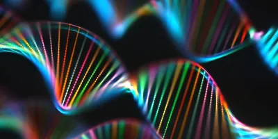 Colorful stylized DNA double helix strands against a dark background.